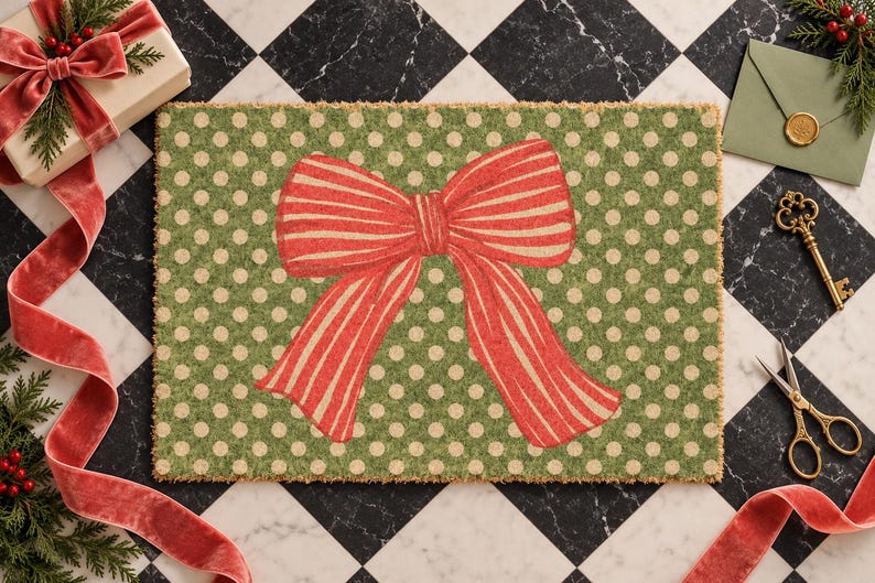 May include: A rectangular doormat featuring a green background with a repeating pattern of small cream-coloured polka dots. Centered on the mat is a large, prominent red bow with thin, vertical cream-coloured stripes throughout the fabric design.