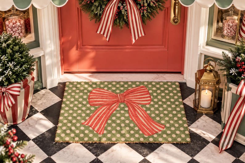 May include: A rectangular doormat featuring a green background with a pattern of small white polka dots and a large, centred red and white striped bow. The mat is positioned on a black and white chequered floor in front of a red door.
