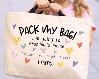 Custom Child's Tote Bag Pack My Bag Kid's Travel Bag Vacation Tote Visit to Grandma | Grandpa | Mimi | Gigi | Auntie | Papa | Daycare Bag