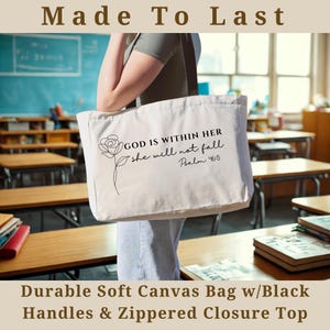 Bible Tote Bag Christian Tote Bag Religious Tote Bag Church Tote Bag God Is Within Her Tote Christian Canvas Bag Zippered Tote Bag afbeelding 4