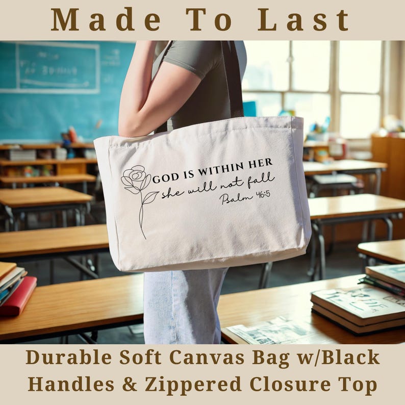 Bible Tote Bag Christian Tote Bag Religious Tote Bag Church Tote Bag God Is Within Her Tote Christian Canvas Bag Zippered Tote Bag afbeelding 4