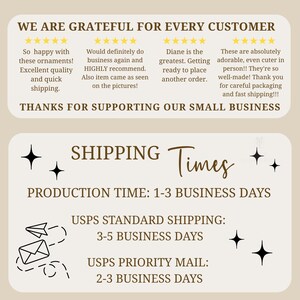 May include: A beige graphic with text that reads "WE ARE GRATEFUL FOR EVERY CUSTOMER" and customer reviews. Below, it says "THANKS FOR SUPPORTING OUR SMALL BUSINESS." The graphic also includes "SHIPPING Times" and shipping time details.