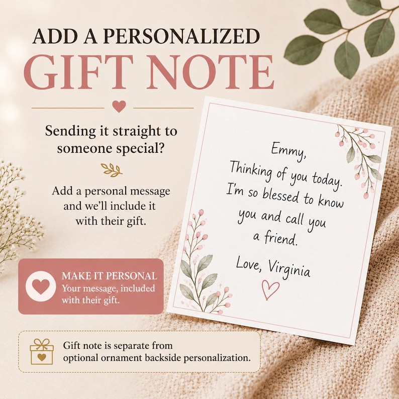May include: A rectangular white gift note card with pink floral accents and a handwritten message that reads: Emmy, Thinking of you today. I'm so blessed to know you and call you a friend. Love, Virginia. The card features a small pink heart.