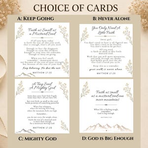 May include: A set of four square cards titled Choice of Cards, labeled A, B, C, and D. Each card features beige floral illustrations, mountain graphics, and inspirational text referencing Matthew 17:20, including phrases like Faith as Small as a Mustard Seed.