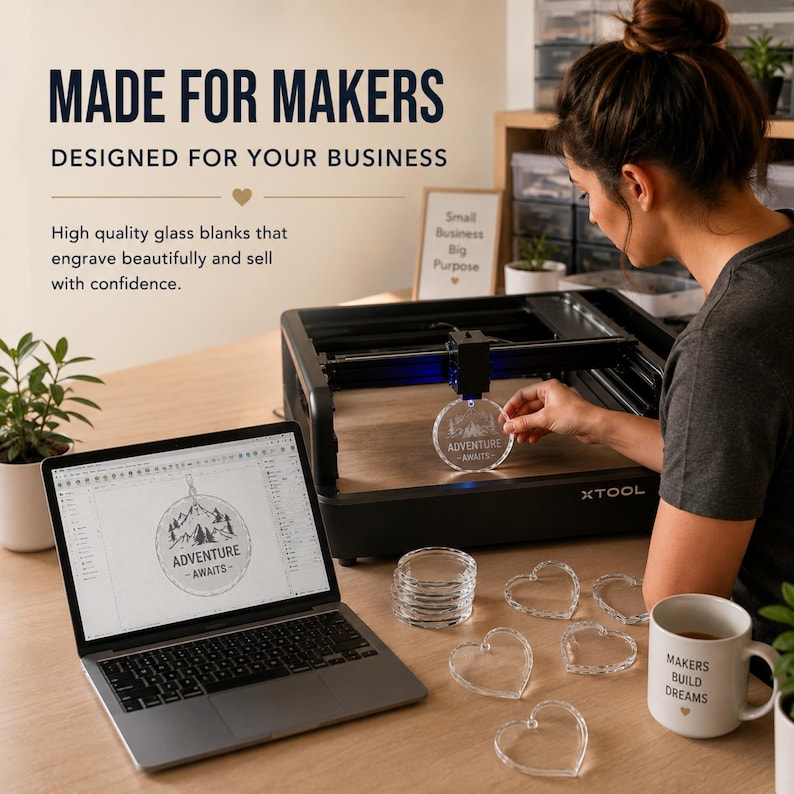 May include: A black xTool laser engraving machine, a laptop displaying an Adventure Awaits design, and several clear glass ornament blanks in circular and heart shapes. A white mug with the text Makers Build Dreams is also present.