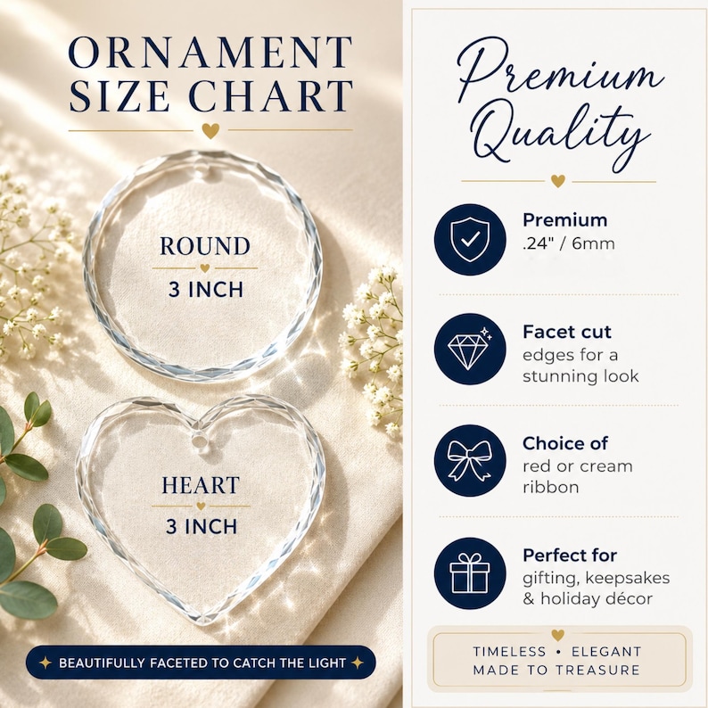 May include: A size chart for clear acrylic ornaments featuring a round and a heart shape, both measuring 3 inches. The text includes Ornament Size Chart, Premium Quality, .24 inch thickness, facet cut edges, and ribbon color options.