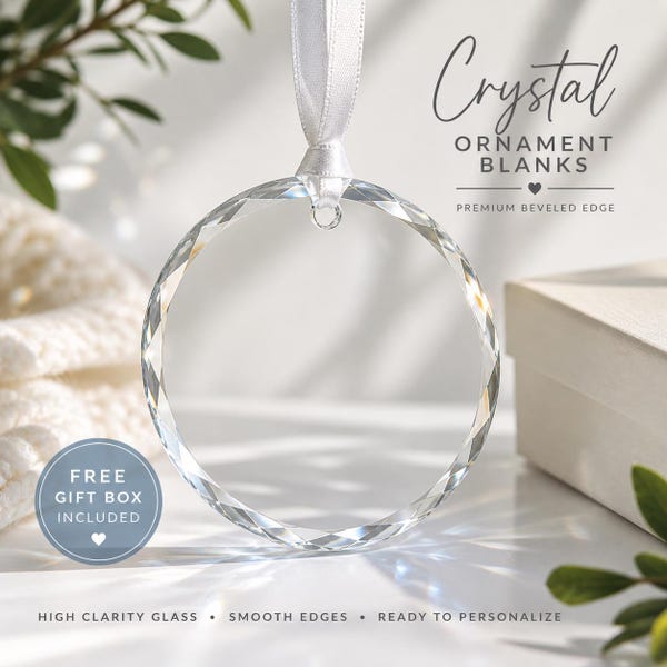 Round & Heart Glass Ornament Blank for Laser Engraving, 3 Inch Crystal Beveled Ornament, Bulk Engraving Supplies for Small Business UV ready
