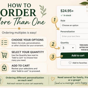 May include: An instructional graphic titled HOW TO ORDER More Than One, featuring three numbered steps. It displays an e-commerce interface with a style dropdown, a personalization text field, a quantity selector, and an Add to cart button.