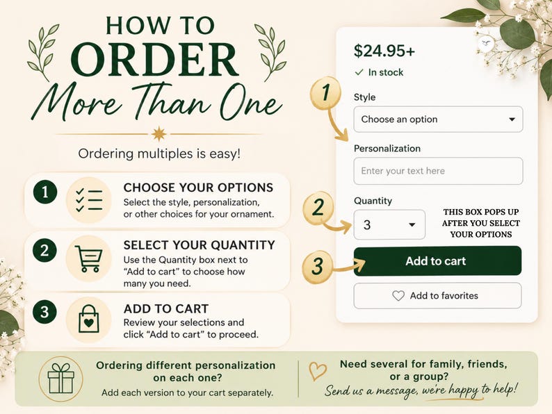 May include: An instructional graphic titled HOW TO ORDER More Than One, featuring three numbered steps. It displays an e-commerce interface with a style dropdown, a personalization text field, a quantity selector, and an Add to cart button.