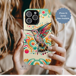 Funda retro bohemia para iPhone con diseño de colibrí, colorida, regalo único para amantes de la naturaleza.