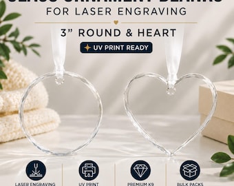 Glass Ornament Blank for Laser Engraving, 3 Inch K9 Crystal Ornament, Round or Heart Shape, UV Print Ready, Bulk Supplies