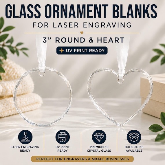 Glass Ornament Blank for Laser Engraving, 3 Inch K9 Crystal Ornament, Round or Heart Shape, UV Print Ready, Bulk Supplies