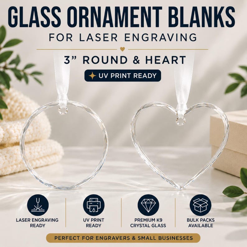 May include: Two clear glass ornament blanks, one round and one heart-shaped, each featuring a faceted edge and a white ribbon loop. Text includes GLASS ORNAMENT BLANKS FOR LASER ENGRAVING, 3" ROUND & HEART, UV PRINT READY, and icons for engraving.