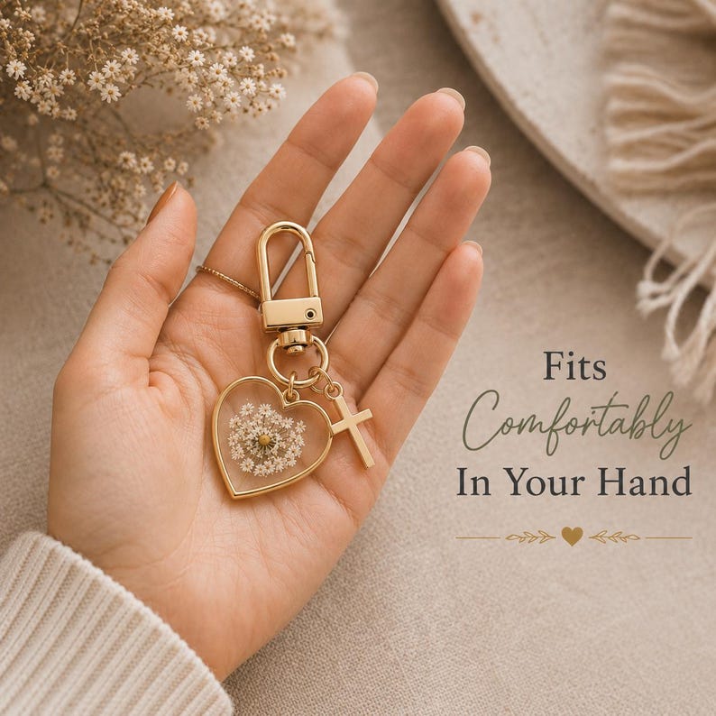 May include: A gold-toned keychain featuring a heart-shaped pendant filled with pressed white flowers and a small cross charm. The text on the right reads: Fits Comfortably In Your Hand. The keychain has a lobster clasp and a circular ring attachment.