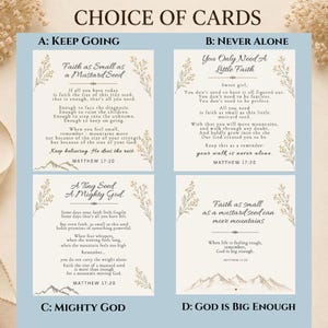 May include: A set of four square cards titled Choice of Cards, labeled A, B, C, and D. Each card features cream-colored paper with black text, floral illustrations on the sides, and mountain graphics at the bottom, displaying religious verses.