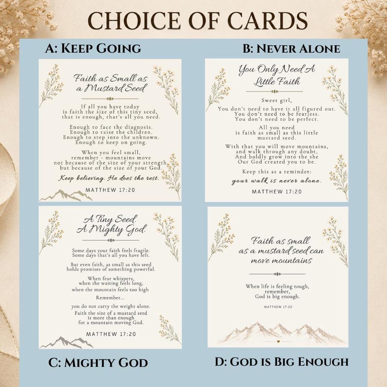 May include: A set of four square cards titled Choice of Cards, labeled A, B, C, and D. Each card features cream-colored paper with black text, floral illustrations on the sides, and mountain graphics at the bottom, displaying religious verses.