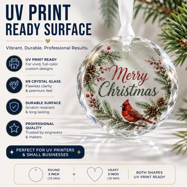 May include: A round, faceted K9 crystal glass ornament featuring a printed wreath of pine branches, pinecones, red berries, and a red cardinal bird with the text Merry Christmas. It includes a white ribbon and measures 3 inches in diameter.