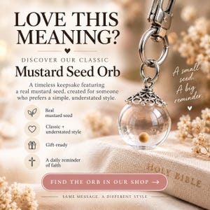 May include: A clear glass orb pendant keychain featuring a single mustard seed inside, topped with a decorative silver-toned metal cap. The text on the image reads: LOVE THIS MEANING? DISCOVER OUR CLASSIC Mustard Seed Orb. A small seed. A big reminder.