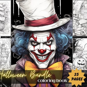Halloween Coloring Book - Adults Kids Coloring Pages, Instant Download, Grayscale Coloring Book, Printable PDF File