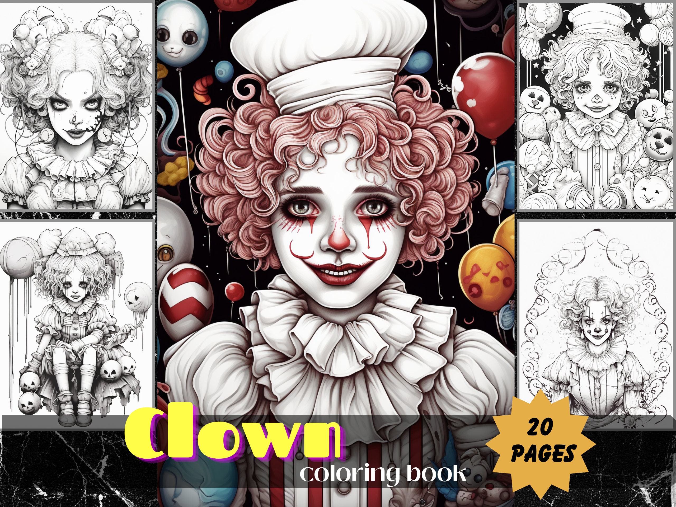 Creepy Clown Coloring Book, Adults Kids Coloring Pages, Instant