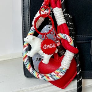 Polar Bear Bag Charm, Ice, Coca-Cola & Red Heart, Braided Rope Keychain, Unique Bag charm for Handbags, Fashion Rope Keychain