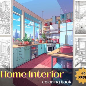 Home Interior Coloring Book - Adults and Kids Coloring Pages, Grayscale Coloring Book, Printable PDF File, Instant Download