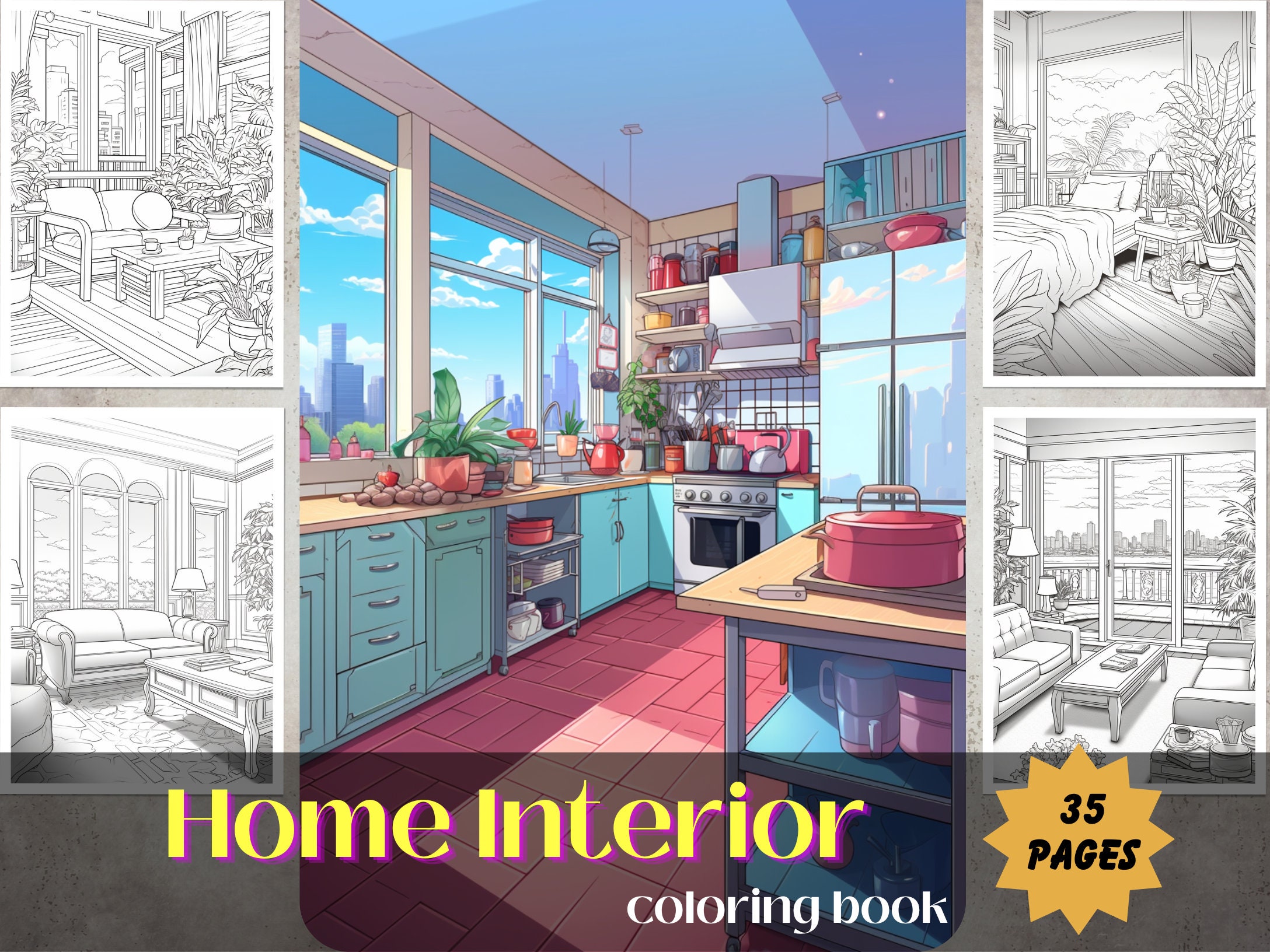 Home Interior Coloring Book Adults and Kids Coloring Pages, Grayscale