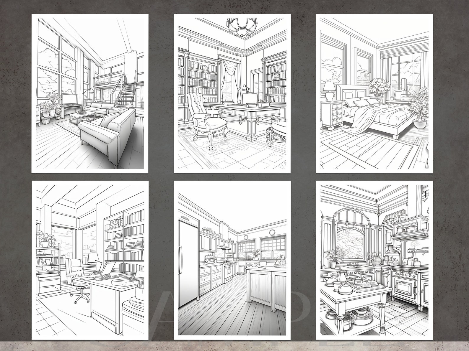 Home Interior Coloring Book Adults and Kids Coloring Pages, Grayscale