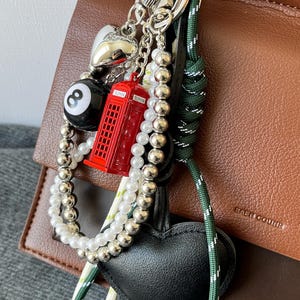 Retro Telephone Booth Bag Charm & Keychain | Faux Pearl,8-Ball Rope Purse Accessory | Unique Handbag Decoration Gift