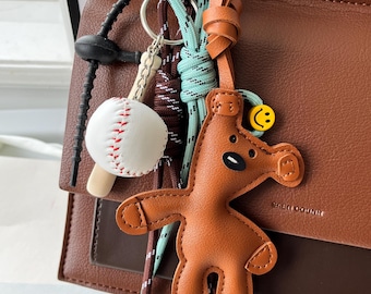 Bear Bag Charm Keychain With Baseball, Braided Rope - Cute & Edgy