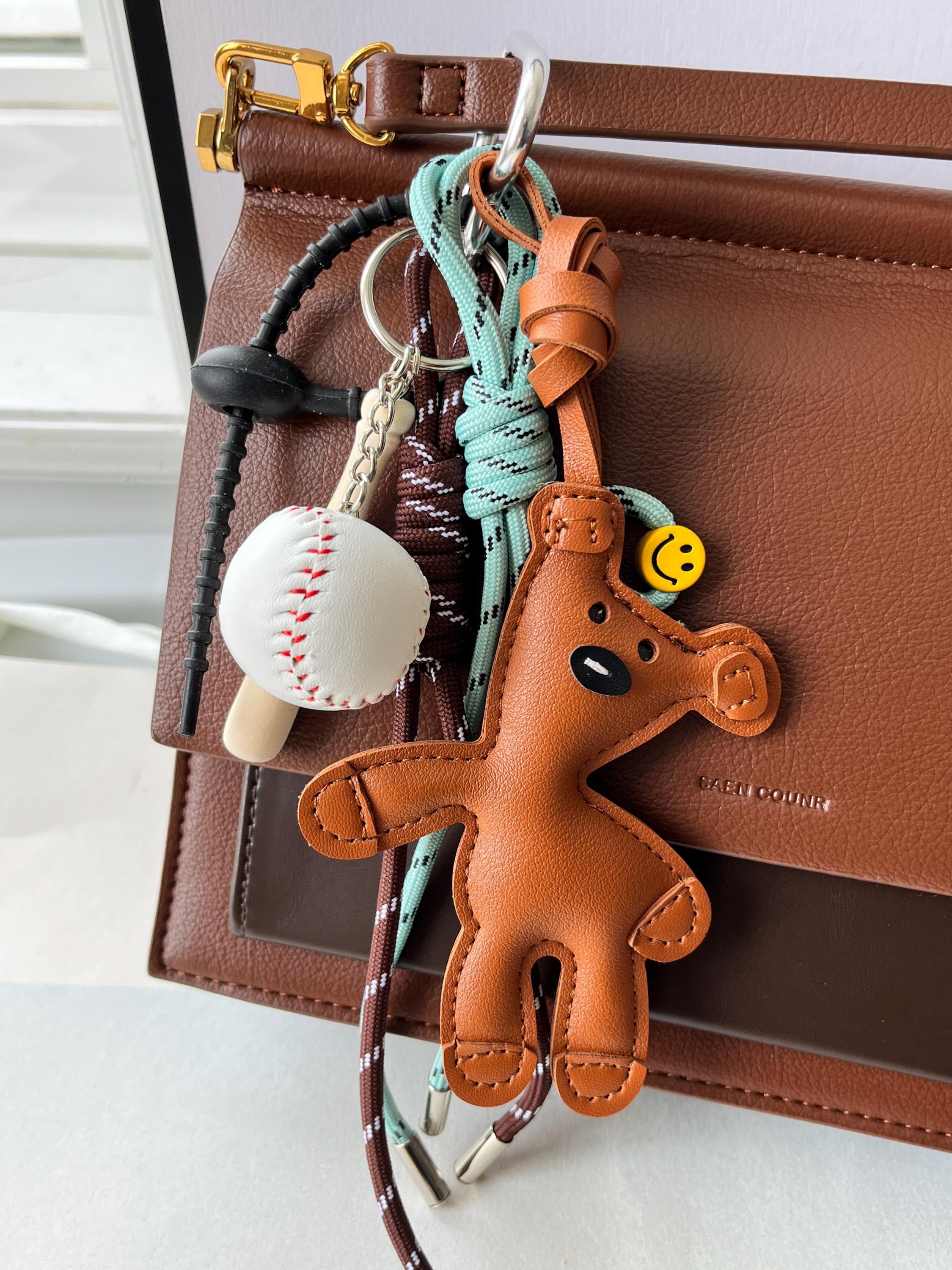 Bear Bag Charm Keychain With Baseball, Braided Rope - Cute & Edgy