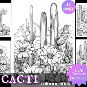 Cacti Coloring Book - Adults Kids Coloring Pages, Instant Download, Grayscale Coloring Book, Printable PDF File