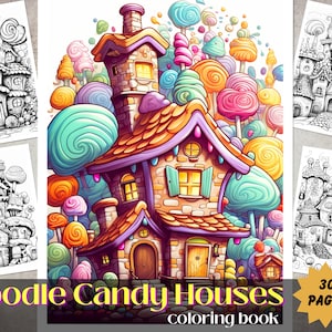 Doodle Candy House Coloring Book- Adults/Kids Coloring Pages, Ginger Houses Grayscale Coloring Book, Printable PDF File, Instant Download
