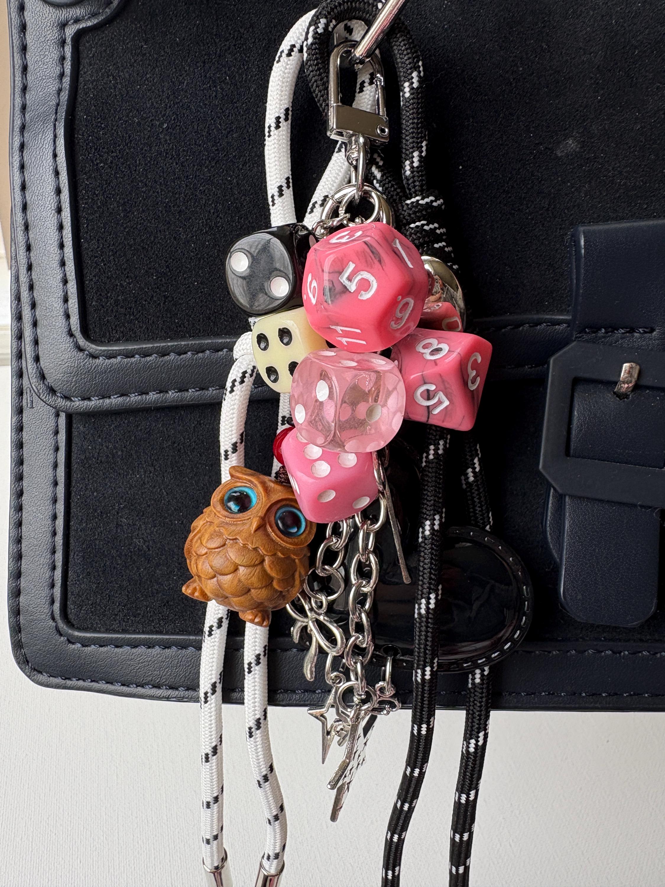 Owl Bag Charm with Pink Dices & Black Heart Rope
