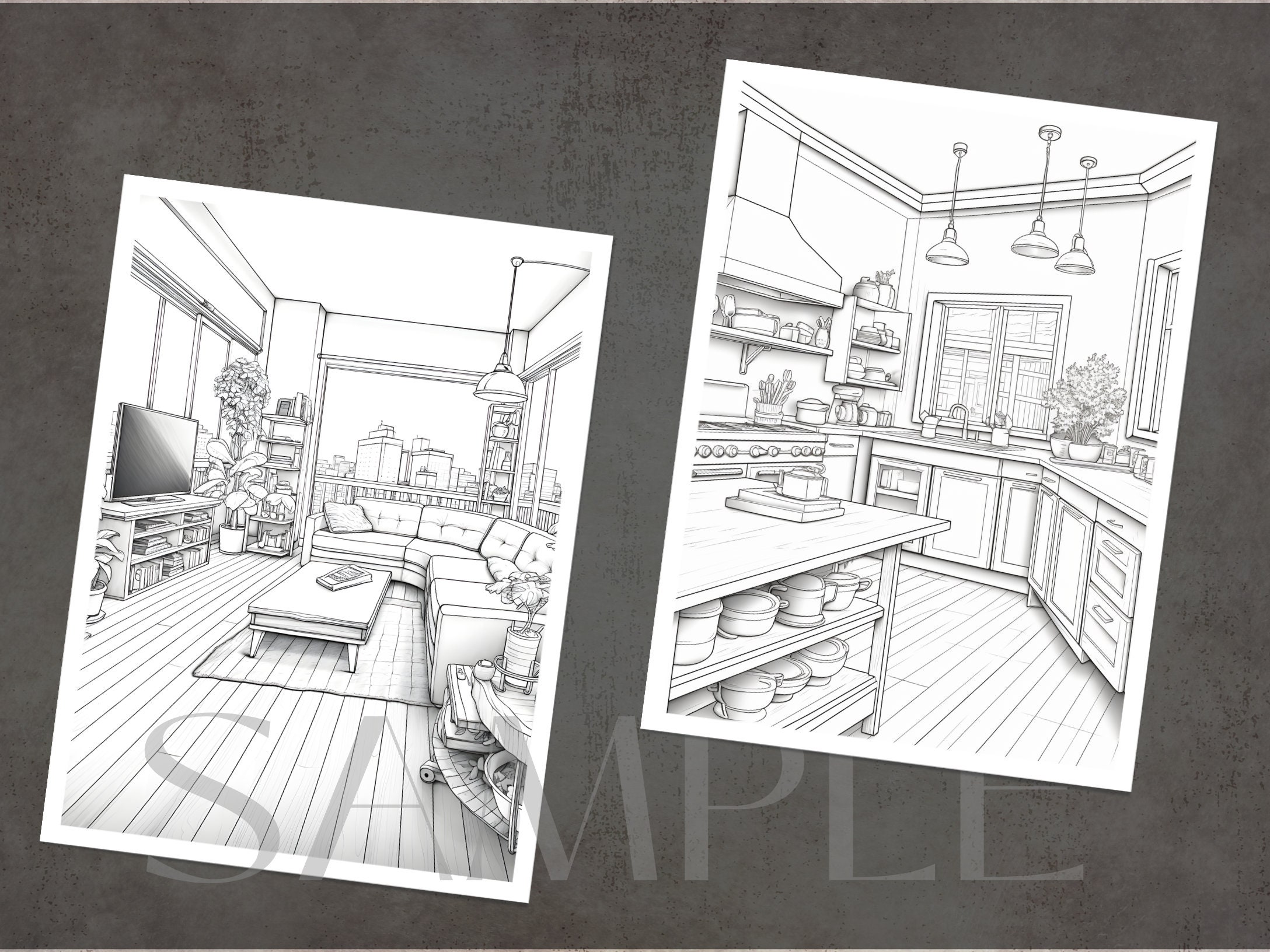 Home Interior Coloring Book Adults and Kids Coloring Pages, Grayscale