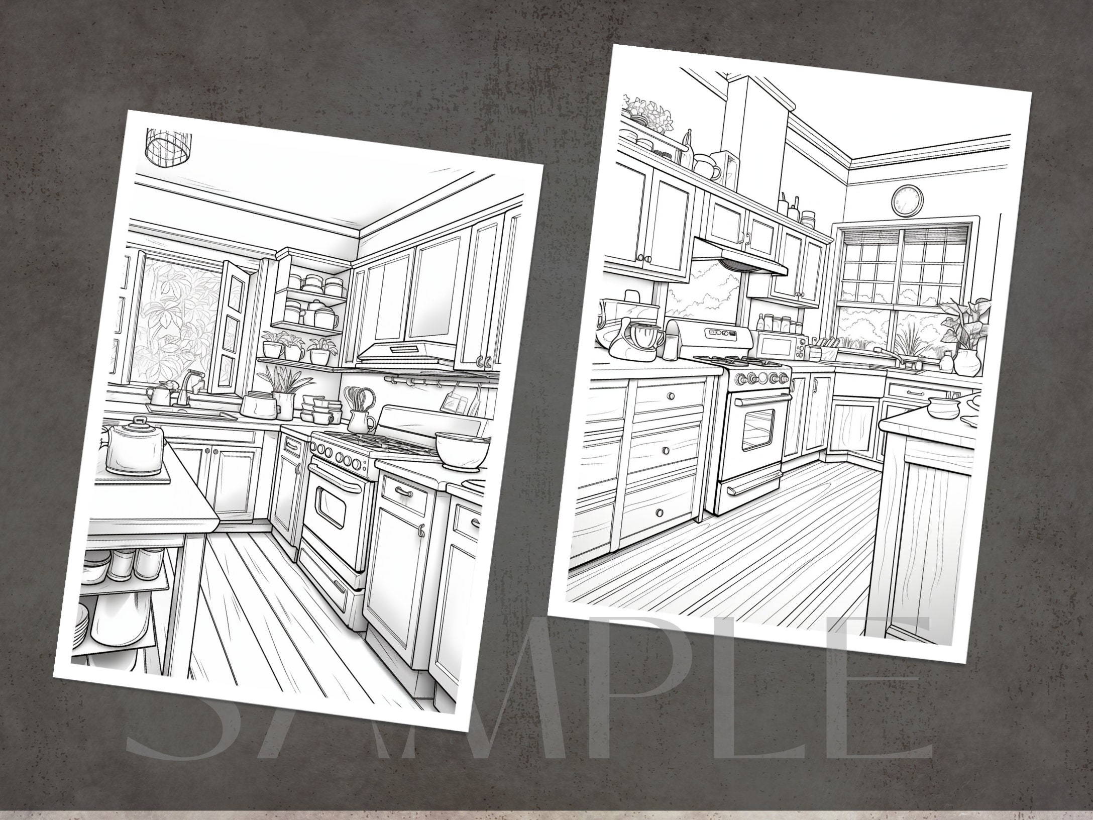 Home Interior Coloring Book Adults and Kids Coloring Pages, Grayscale