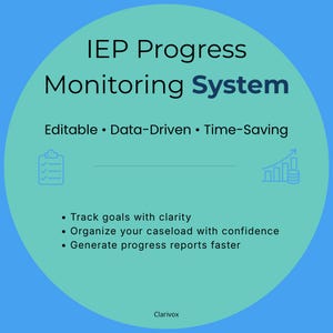 Peut inclure: Un cercle turquoise sur fond bleu affiche le texte "IEP Progress Monitoring System". Le texte en dessous indique "Editable, Data-Driven, Time-Saving". Des puces décrivent les fonctionnalités : suivre les objectifs, organiser la charge de travail et générer des rapports.