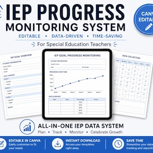 May include: A digital IEP Progress Monitoring System template with the text "IEP PROGRESS MONITORING SYSTEM". The image includes a tablet displaying a progress chart, and two sheets with data collection forms. The design is for special education teachers.