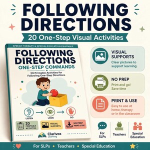 Può includere: Un materiale stampabile per logopedia ed educazione speciale intitolato Following Directions One-Step Commands. La copertina mostra un bambino in stile cartoon con una palla rossa e una scatola gialla, insieme a icone per ascoltare, guardare e fare. Include 20 attività stampabili, supporti visivi e materiali pronti all'uso per insegnanti e logopedisti.