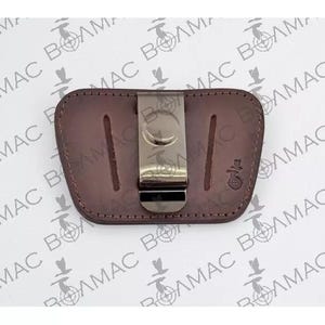 May include: A brown leather holster with a metal clip. The holster has a stitched edge and a small logo on the front.