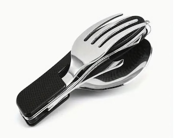 Nuevo juego de cuchillos combinados para camping: cuchillo plegable desmontable, tenedor y cuchara. Cuchillo multifuncional para senderismo y camping. Fabricado en Polonia.