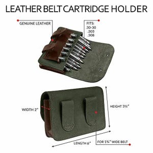 Puede incluir: Un portacartuchos de cuero verde con dos bolsillos y una solapa que se abre para revelar una fila de cartuchos. El portacartuchos est&aacute; etiquetado como "Genuine Leather" y "Fits: .30-30, .303, .308". El portacartuchos mide 15,24 cm de largo, 5,08 cm de ancho y 8,89 cm de alto.