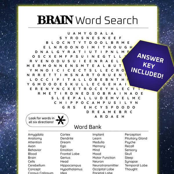 BRAIN Word Search - Science Vocabulary, Classroom Activity, Teaching Tool, Puzzle for Kids, Educational, Digital Download, Printable PDF