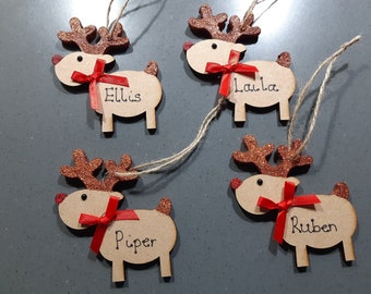 Personalised christmas Reindeer hanging tree decoration, name place setting, gift tag, Free Postage