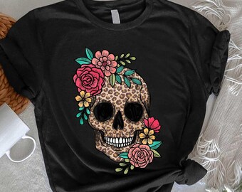 Floral Leopard Sugar Skull T-Shirt, Day of the Dead Shirt, Dia De Los Muertos,Mexican Calavera Tee,Latina Halloween Top