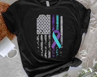 Suicide Prevention Awareness USA Flag T-Shirt, Teal Purple Ribbon Tee,Stop Suicide