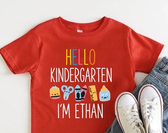 Personalized Hello Kindergarten Shirt, Customized Back To School Kids Shirt, Kindergartener Gift Shirt, First Day Of Kindergarten Name Shirt