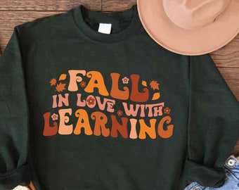 Fall Teacher Sweatshirt,Fall In Love With Learning,Fall Teacher Gift,Retro Fall Teacher Sweatshirt,Teacher Thanksgiving Crewneck,Fall Leaves