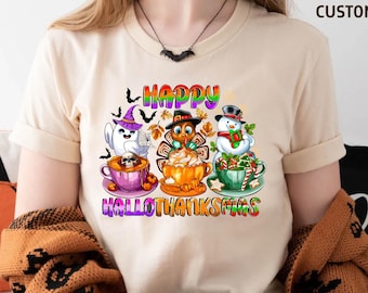 Happy Hallothanksmas Shirt, Holiday Season Gift,Halloween Thanksgiving Christmas Tee
