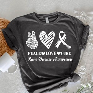 Peace Love Cure Rare Disease Awareness Shirt,Rare Disease Fighter Gift,Zebra Ribbon T-Shirt,EDS Month Shirt,Rare Disorder TShirt